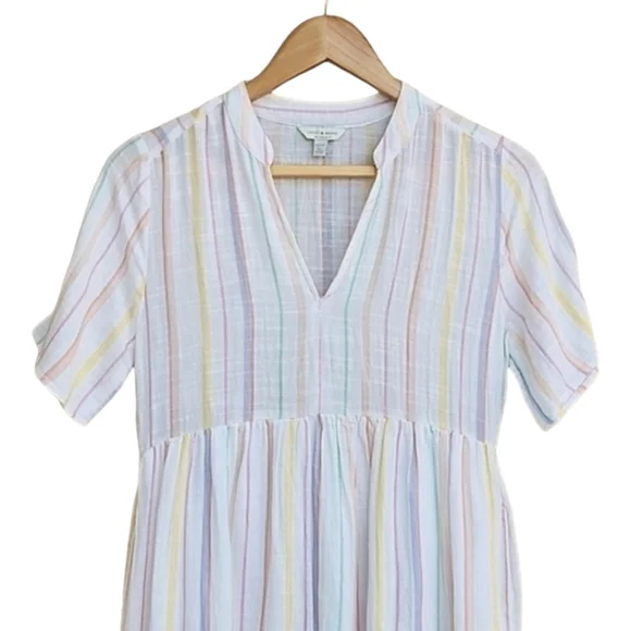 LUCKY BRAND Meadow Mini Dress XS Long Tunic Blouse Top Pastel Rainbow Stripes - Picture 5 of 11